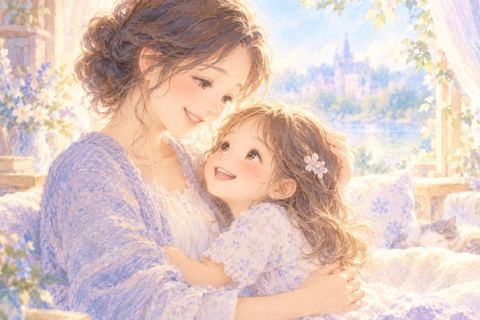 幼い娘を見てうれしそうに微笑む女性