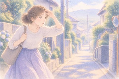 昔の道で幼い娘を探す大人の女性