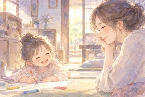 昔の家で幼い娘を懐かしそうに見る女性