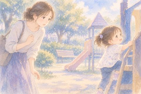 幼い娘を心配そうに見つめる女性