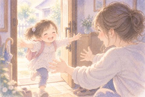 玄関に帰ってきた幼い娘を迎える女性
