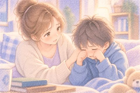 泣いている弟を心配そうに慰める大人の女性