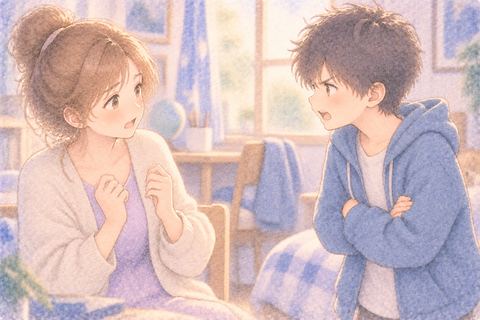 怒る弟を戸惑いながら見つめる大人の女性