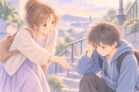 困った表情の弟へ手を差し伸べる大人の女性