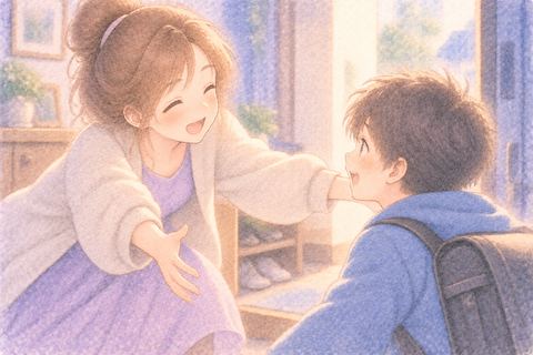 新しくできた弟を笑顔で迎える大人の女性