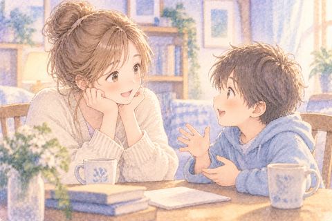 弟と向かい合って穏やかに話す大人の女性