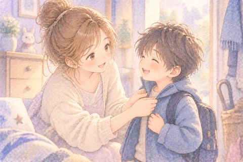 幼い弟の身支度を手伝う大人の女性