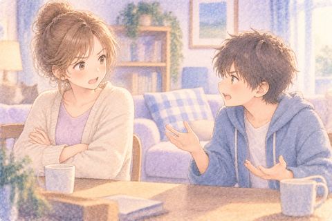 弟と言い合いになり距離を取る大人の女性