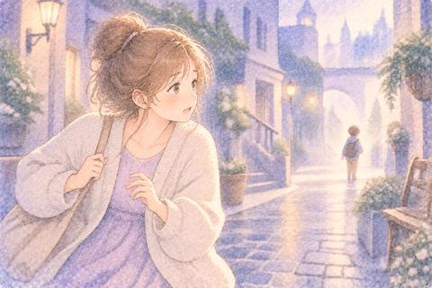 夢の街で弟を探して周囲を見回す大人の女性