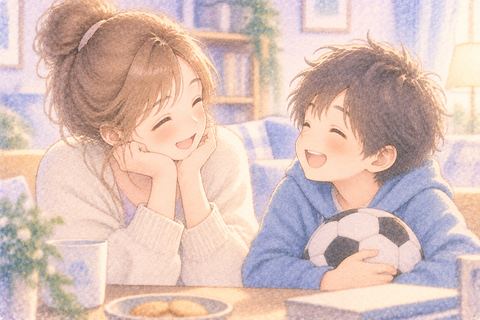 笑顔の弟を見て嬉しそうにする大人の女性