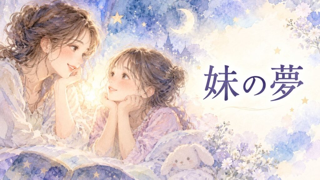 夢の中の妹を見つめる大人の女性と二人を包む光