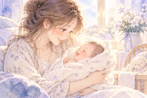 生まれたばかりの妹を優しく抱く女性