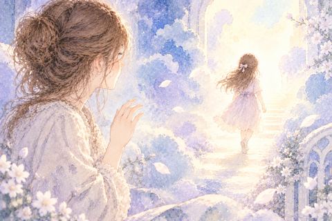 遠ざかる妹の姿を静かに見送る女性
