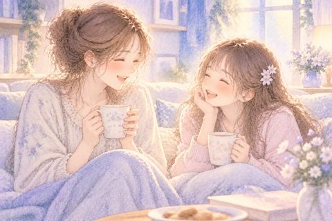 妹と並んで穏やかに笑う大人の女性