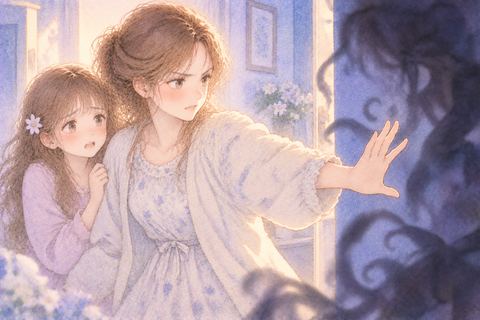妹をかばうように前に立つ大人の女性