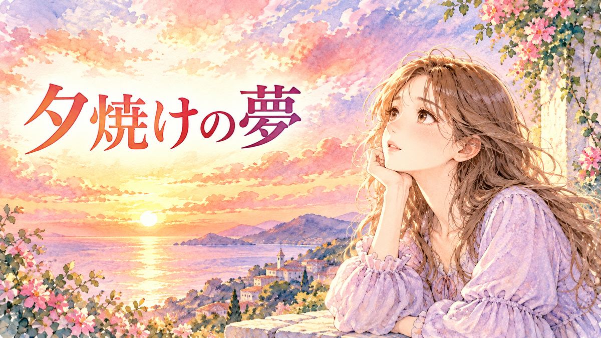 夕焼け空を優しく見つめる大人の女性と沈みゆく太陽