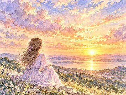 美しい夕焼けが空一面に広がる丘の風景