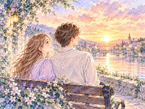 夕焼けを並んで眺める大人の男女