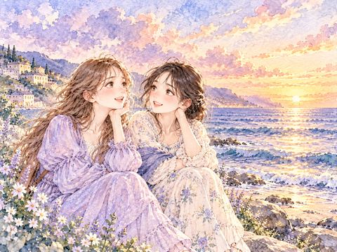 二人の友達が海辺で笑いながら夕焼けを眺めている