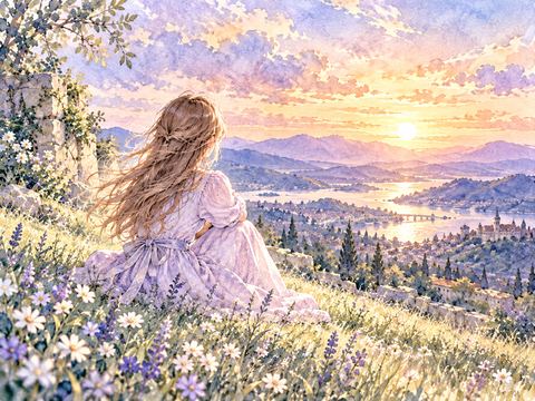 丘の上で一人静かに夕焼けを眺める女性