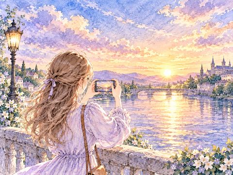 スマートフォンで鮮やかな夕焼けを撮影する女性