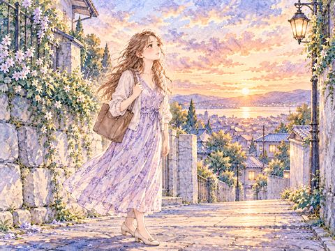 帰り道で足を止めて夕焼けを見上げる女性