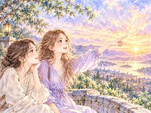 女性が隣の友人に美しい夕焼けを指さして見せている