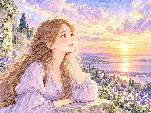 壮大な夕焼けを見て目を潤ませる女性