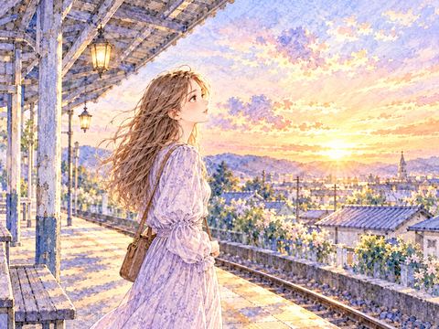 夕焼けの駅のホームで寂しげに空を眺める女性
