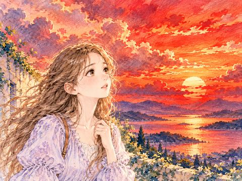燃えるように真っ赤な夕焼けを見上げる女性