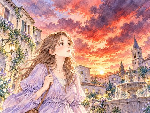真っ赤な夕焼けと暗い雲を見上げて不安になる女性