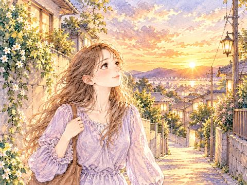 オレンジ色の夕焼けに照らされた穏やかな住宅街