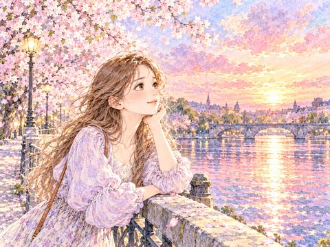 淡いピンク色の夕焼けを見つめる女性