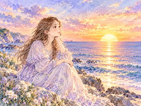 水平線へゆっくり沈む夕日を眺める女性