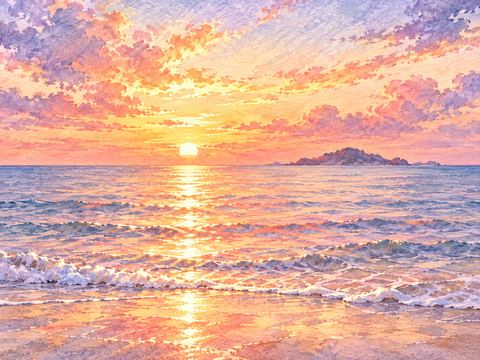 赤や金色の夕焼けが穏やかな海面に映る風景